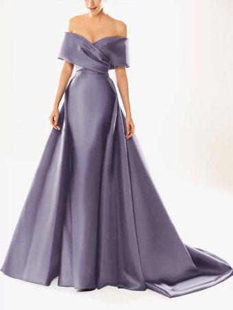 嵐のイブニングドレス ボールガウン ネックライン トレーン付き ハーフスリーブ ジッパー プリーツ サテン生地 フォーマルパーティードレス