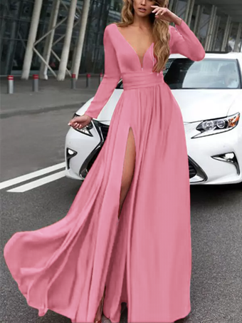 ピンクイブニングドレス 2025 Aライン Vネック 伸縮性のあるシルクのようなサテン 長袖 プリーツ スプリットフロント フォーマルパーティードレス 無料カスタマイズ