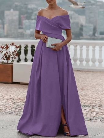 ライラックイブニングドレス Aライン オフショルダー サテン生地 トレーン付き プリーツ フォーマルディナードレス