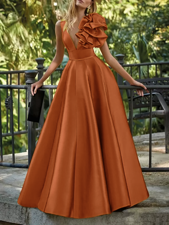 ブリックレッドイブニングドレス ボールガウン Vネック フロア丈 ノースリーブ ジッパー 花柄 サテン生地 フォーマルパーティードレス