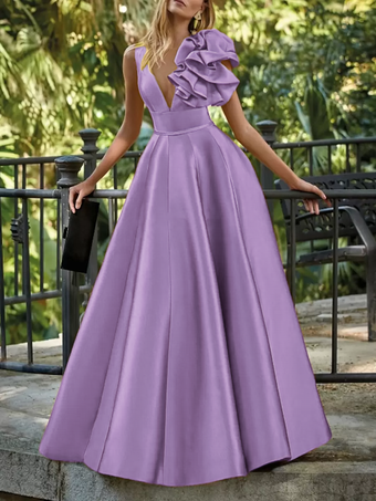 ライラックイブニングドレス ボールガウン Vネック フロア丈 ノースリーブ ジッパー 花柄 サテン生地 フォーマルパーティードレス