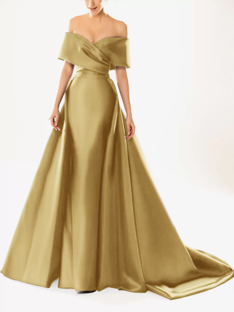 ライトゴールイブニングドレス ボールガウン ネックライン トレーン付き ハーフスリーブ ジッパー プリーツ サテン生地 フォーマルパーティードレス