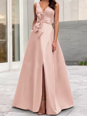 サーモンピンクイブニングドレス Aライン Vネック サテン生地 フロアレングス リボン フォーマルディナードレス