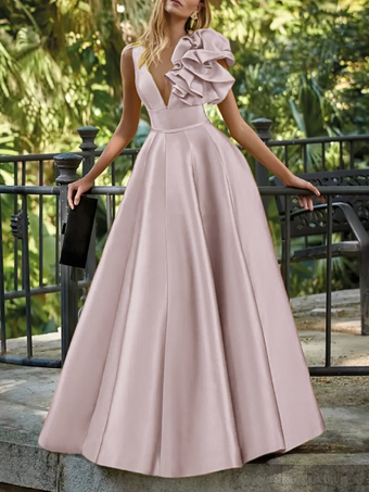 ソフトピンクイブニングドレス ボールガウン Vネック フロア丈 ノースリーブ ジッパー 花柄 サテン生地 フォーマルパーティードレス