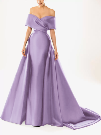 ライラック イブニングドレス ボールガウン ネックライン トレーン付き ハーフスリーブ ジッパー プリーツ サテン生地 フォーマルパーティードレス
