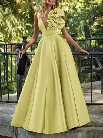 イエローイブニングドレス ボールガウン Vネック フロア丈 ノースリーブ ジッパー 花柄 サテン生地 フォーマルパーティードレス