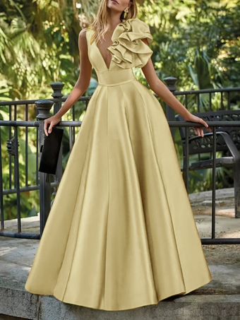 スイセン色イブニングドレス ボールガウン Vネック フロア丈 ノースリーブ ジッパー 花柄 サテン生地 フォーマルパーティードレス