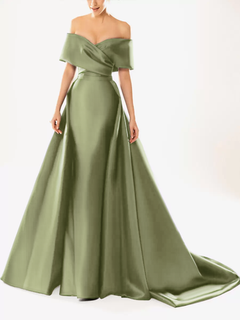 セージグリーンイブニングドレス ボールガウン ネックライン トレーン付き ハーフスリーブ ジッパー プリーツ サテン生地 フォーマルパーティードレス