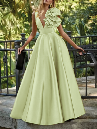 パステルグリーンイブニングドレス ボールガウン Vネック フロア丈 ノースリーブ ジッパー 花柄 サテン生地 フォーマルパーティードレス