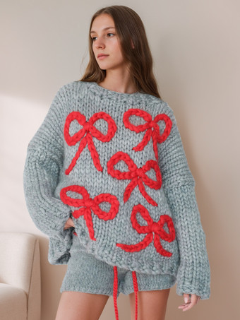 GrayWomen Pullover Sweater Apricot Bows Color Block Jewel Neck Long Sleeves Oversized Polyester Sweaters