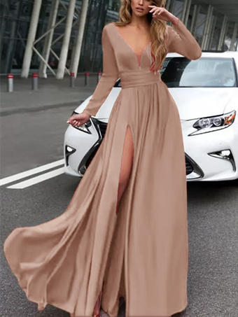 ダークピンクイブニングドレス 2025 Aライン Vネック 伸縮性のあるシルクのようなサテン 長袖 プリーツ スプリットフロント フォーマルパーティードレス 無料カスタマイズ