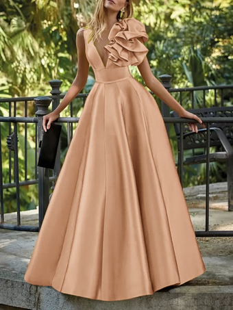 ダークピンクイブニングドレス ボールガウン Vネック フロア丈 ノースリーブ ジッパー 花柄 サテン生地 フォーマルパーティードレス