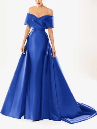 ロイヤルブルーイブニングドレス ボールガウン ネックライン トレーン付き ハーフスリーブ ジッパー プリーツ サテン生地 フォーマルパーティードレス