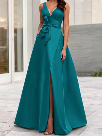 ブルーグリーンイブニングドレス Aライン Vネック サテン生地 フロアレングス リボン フォーマルディナードレス