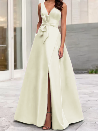 アイボリーイブニングドレス Aライン Vネック サテン生地 フロアレングス リボン フォーマルディナードレス