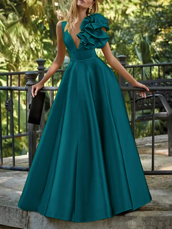 ブルーグリーンイブニングドレス ボールガウン Vネック フロア丈 ノースリーブ ジッパー 花柄 サテン生地 フォーマルパーティードレス