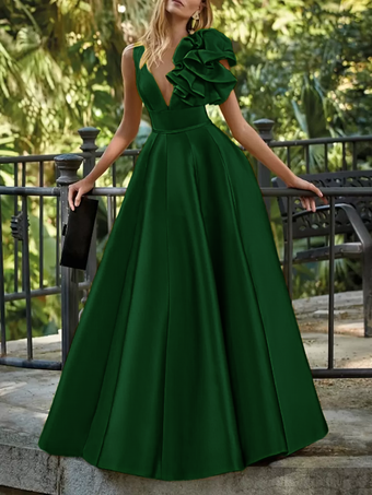 ダークグリーンイブニングドレス ボールガウン Vネック フロア丈 ノースリーブ ジッパー 花柄 サテン生地 フォーマルパーティードレス