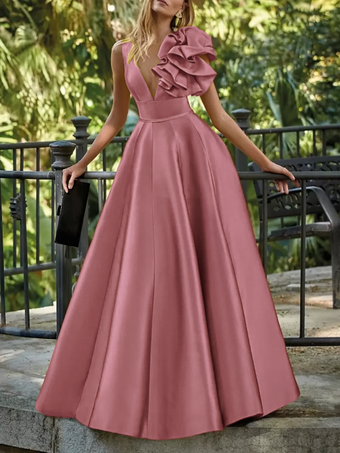 ピンクイブニングドレス ボールガウン Vネック フロア丈 ノースリーブ ジッパー 花柄 サテン生地 フォーマルパーティードレス