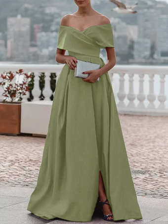 セージグリーンイブニングドレス Aライン オフショルダー サテン生地 トレーン付き プリーツ フォーマルディナードレス