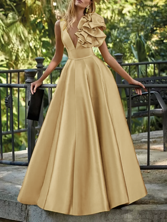 イブニングドレス ボールガウン Vネック フロア丈 ノースリーブ ジッパー 花柄 サテン生地 フォーマルパーティードレス