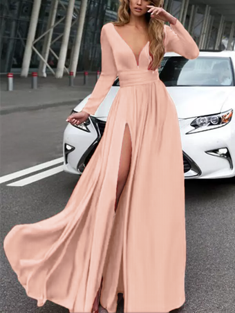 ソフトピンクイブニングドレス 2025 Aライン Vネック 伸縮性のあるシルクのようなサテン 長袖 プリーツ スプリットフロント フォーマルパーティードレス 無料カスタマイズ