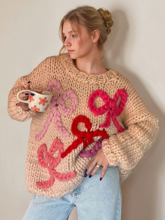 Women Pullover Sweater Apricot Bows Color Block Jewel Neck Long Sleeves Oversized Polyester Sweaters