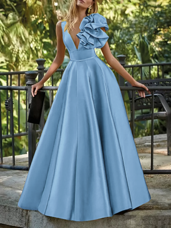 パステルブルーイブニングドレス ボールガウン Vネック フロア丈 ノースリーブ ジッパー 花柄 サテン生地 フォーマルパーティードレス