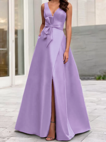 ライラックイブニングドレス Aライン Vネック サテン生地 フロアレングス リボン フォーマルディナードレス