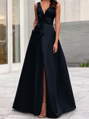 ダークネイビーイブニングドレス Aライン Vネック サテン生地 フロアレングス リボン フォーマルディナードレス