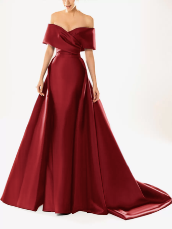 イブニングドレス ボールガウン ネックライン トレーン付き ハーフスリーブ ジッパー プリーツ サテン生地 フォーマルパーティードレス