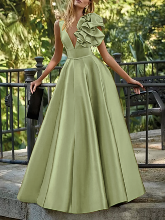 ライトグリーン イブニングドレス ボールガウン Vネック フロア丈 ノースリーブ ジッパー 花柄 サテン生地 フォーマルパーティードレス