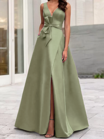 セージグリーンイブニングドレス Aライン Vネック サテン生地 フロアレングス リボン フォーマルディナードレス