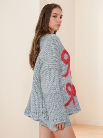 Women Pullover Sweater Apricot Bows Color Block Jewel Neck Long Sleeves Oversized Polyester Sweaters