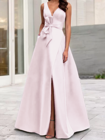ソフトピンクイブニングドレス Aライン Vネック サテン生地 フロアレングス リボン フォーマルディナードレス