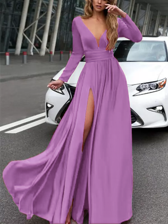 ライラックイブニングドレス 2025 Aライン Vネック 伸縮性のあるシルクのようなサテン 長袖 プリーツ スプリットフロント フォーマルパーティードレス 無料カスタマイズ