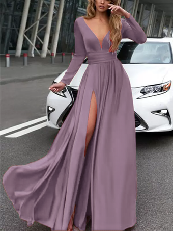 パープル イブニングドレス 2025 Aライン Vネック 伸縮性のあるシルクのようなサテン 長袖 プリーツ スプリットフロント フォーマルパーティードレス 無料カスタマイズ