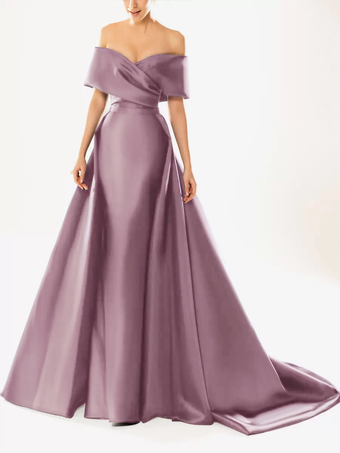 カメオピンクイブニングドレス ボールガウン ネックライン トレーン付き ハーフスリーブ ジッパー プリーツ サテン生地 フォーマルパーティードレス