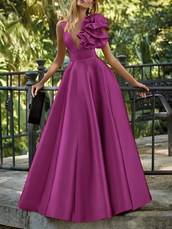 マゼンタイブニングドレス ボールガウン Vネック フロア丈 ノースリーブ ジッパー 花柄 サテン生地 フォーマルパーティードレス