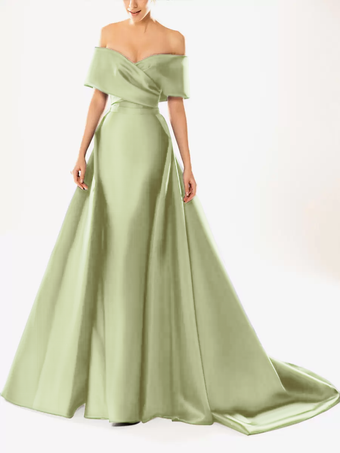 パステルグリーンイブニングドレス ボールガウン ネックライン トレーン付き ハーフスリーブ ジッパー プリーツ サテン生地 フォーマルパーティードレス