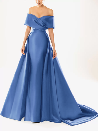 シアンイブニングドレス ボールガウン ネックライン トレーン付き ハーフスリーブ ジッパー プリーツ サテン生地 フォーマルパーティードレス