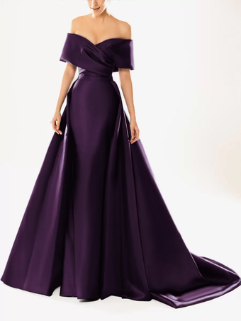 プラムイブニングドレス ボールガウン ネックライン トレーン付き ハーフスリーブ ジッパー プリーツ サテン生地 フォーマルパーティードレス