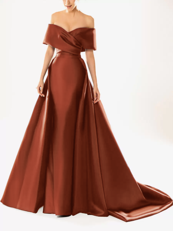 ブリックレッドイブニングドレス ボールガウン ネックライン トレーン付き ハーフスリーブ ジッパー プリーツ サテン生地 フォーマルパーティードレス