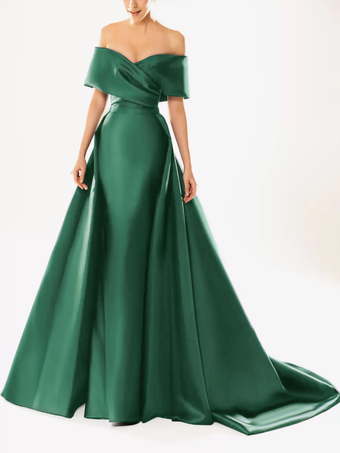 ブルーグリーンイブニングドレス ボールガウン ネックライン トレーン付き ハーフスリーブ ジッパー プリーツ サテン生地 フォーマルパーティードレス