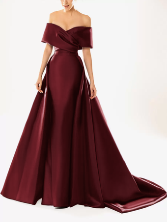 バーガンディーイブニングドレス ボールガウン ネックライン トレーン付き ハーフスリーブ ジッパー プリーツ サテン生地 フォーマルパーティードレス