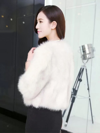 ホワイト 女性用フェイクファージャケット 冬 2025 ショート エコフレンドリー ファーコート