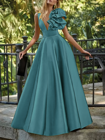 ターコイズグリーンイブニングドレス ボールガウン Vネック フロア丈 ノースリーブ ジッパー 花柄 サテン生地 フォーマルパーティードレス