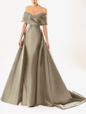 シャンパンイブニングドレス ボールガウン ネックライン トレーン付き ハーフスリーブ ジッパー プリーツ サテン生地 フォーマルパーティードレス