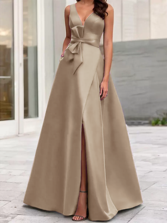 トープイブニングドレス Aライン Vネック サテン生地 フロアレングス リボン フォーマルディナードレス