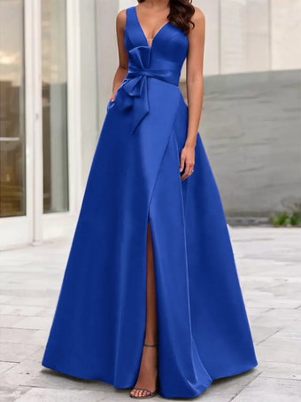ダズリンブルーイブニングドレス Aライン Vネック サテン生地 フロアレングス リボン フォーマルディナードレス