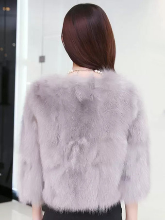 ライトグレー 女性用フェイクファージャケット 冬 2025 ショート エコフレンドリー ファーコート